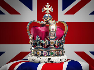Royal imperial state crown on UK flag background. Symbols of Great Britain UK United Kingdom monarchy. © Maksym Yemelyanov