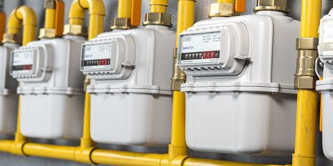 Natural gas meters iin a row. Household energy consumption. - 471875848
