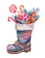 Watercolor illustration of santa's boots gingerbread man and lollipop and fir branch.Christmas and New Year design for cards, flyers, wallpapers and more