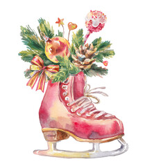 Christmas watercolor illustrations, curly skates with pine branch, pine cone, lollipop and bow. Holiday watercolor picture on white background