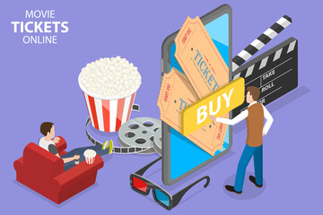 3D Isometric Flat Vector Conceptual Illustration of Movie Tickets Online, Ticket Booking Mobile App