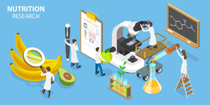 3D Isometric Flat Vector Conceptual Illustration of Nutrition Research, Genetically Engineered Foods