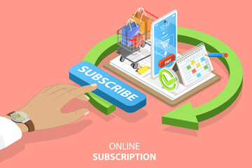 3D Isometric Flat Vector Conceptual Illustration of Online Subscription, Recurring Payment for Product or Service