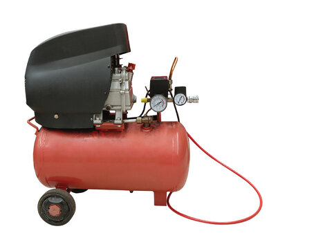 side view orange and black inflator pump on white background, object, technology, copy space