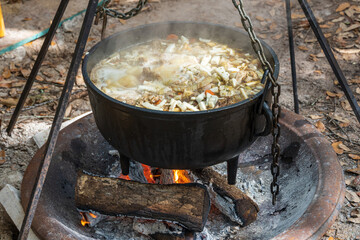 A meat and vegetable stew in a black cauldron cooking over an open fire - Florida, USA