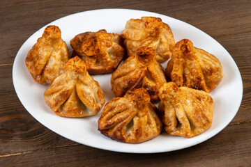 Fried khinkali in a white plate.Georgian cuisine.