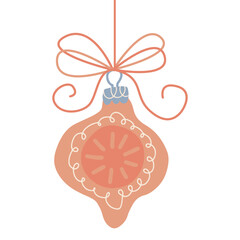 Hanging Christmas bauble with ribbon and a bow for Christmas card. Freehand isolated element. Vector flat Illustration. Only 5 colors - Easy to recolor.