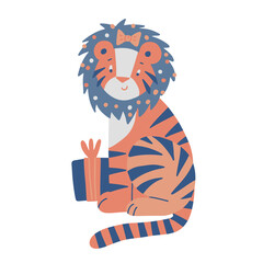 Funny tiger sitting near gift box with Christmas wreath on his head. Cartoon animal for Chinese New Year. Freehand isolated element. Vector flat Illustration. Only 5 colors - Easy to recolor.