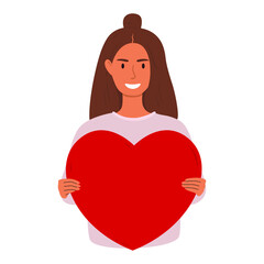Flat vector illustration of a smiling woman holding a big heart. The concept of caring, support, love, charity Isolated design on a white background.