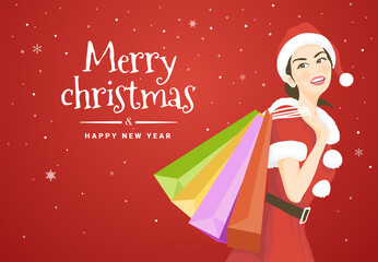 Vector illustration with A beautiful woman in Santa Claus costume holding shopping bags of the Merry Christmas and Happy New Year