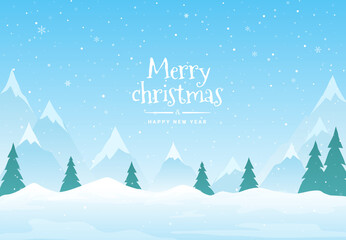 Vector illustration with Falling Snow down on landscape mountain background of the Merry Christmas and Happy New Year.