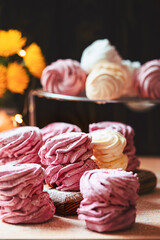 Russian homemade berry zephyr on dark background. Russian sweetness cusine