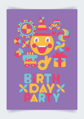 Birthday party poster with lettering, cute character, cake, gift and festive simbols designed as geometric mosaic. Creative consept of celebration. Trendy holiday background, banner, invitation