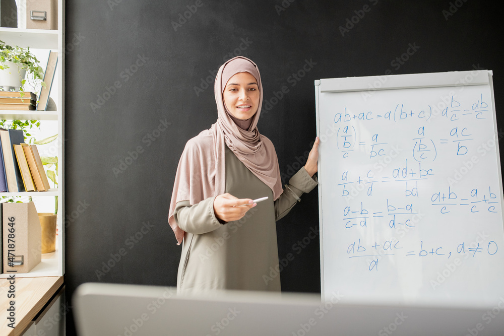 Poster Happy young teacher in hijab standing by whiteboard with algebraic formula and equations while explaining them in front of computer