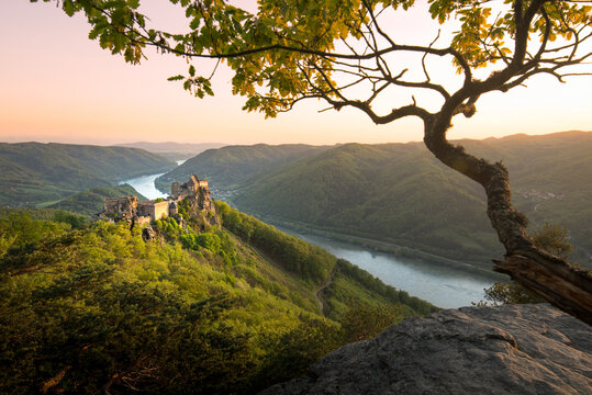 Aggstein castle ruins above the Danube in Wachau, Austria