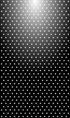 Seamless black and white geometric pattern with circles. White circles are placed horizontally and vertically with light effect on dark background. Vector