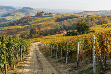Fototapeta premium Beautiful autumnal landscape with the Castello della Volta, in the langhe region of Piedmont, Italy.