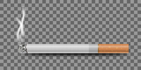 Realistic cigarette and smoke on transparent background, vector illustration