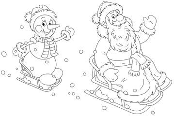 Santa Claus and a happy snowman sledding down a snow hill on a winter playground in a snowy park, black and white outline vector cartoon illustration for a coloring book page