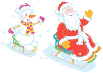 Santa Claus and a happy snowman sledding down a snow hill on a winter playground in a snowy park, vector cartoon illustration isolated on a white background
