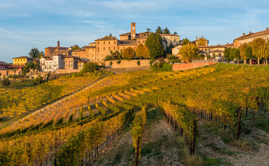 Beautiful hills and vineyards during fall season surrounding Neive village. In the Langhe region,...
