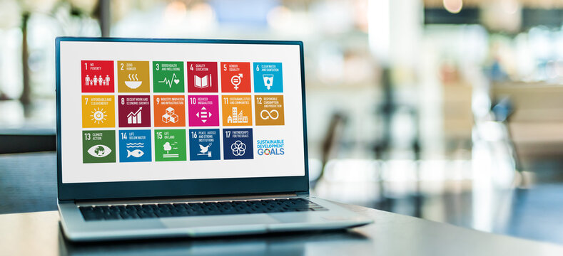 Laptop displaying logo of The Sustainable Development Goals