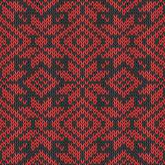 Knitted seamless pattern, abstract nordic repeating red flowers and diamonds on black. Winter, fashion and clothing concept. Flat design. Vector illustration. EPS 8, no gradients, no transparency