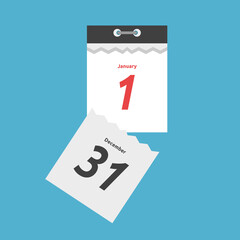Tear off calendar, December 31, January 1. New Year, holiday, celebration, start, end, today and tomorrow concept. Flat design. Vector illustration. EPS 8, no gradients, no transparency
