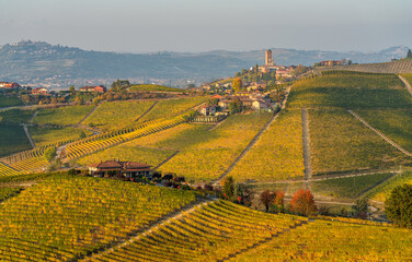 Beautiful hills and vineyards during fall season surrounding Barbaresco village. In the Langhe region, Cuneo, Piedmont, Italy.