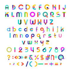 Letters, numbers, punctuation in a trendy modern style. Alphabet with different blending modes.