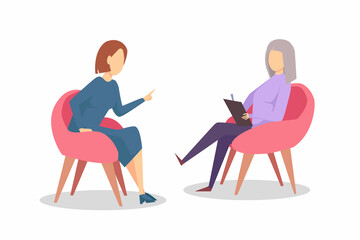 Psychotherapy consultations. A psychologist provides professional assistance to a depressed person. Vector cartoon illustration