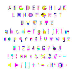 Abstract letters, numbers and punctuation. A trendy font made from geometric shapes, lines and dots.