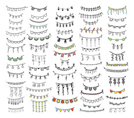 Linear decorative elements in the form of garlands, pendants, flags and ribbons. Hand drawing style.