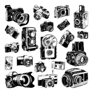 Collection of monochrome illustrations of photo cameras in sketch style. Hand drawings in art ink style. Black and white graphics.