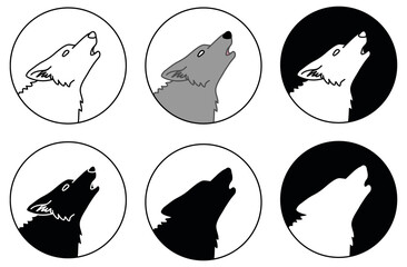 Wolf Howling Circle Icon Clipart Set - Outline, Silhouette and Color