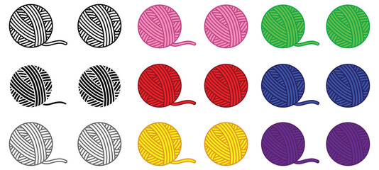 Colored Yarn Ball Clipart Set - With Outline and Silhouette
