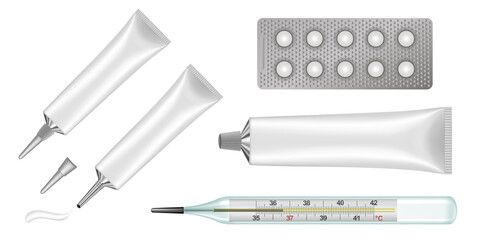 Medicine set: ointment tubes with long nozzles, vintage mercury thermometer, 10 tablets in blister pack