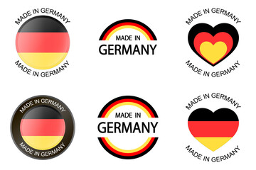 Made in Germany set. Round label with German flag. High quality product mark. Glossy sticker. Round icon. Badge. Product of Germany. Manufactured in Europe.