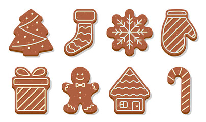 Set of christmas gingerbread cookies. Cute ginger bread  man, tree, sock, snowflake, mittens, gift box, house and candy cane. Vector illustration in flat cartoon style.