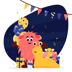 Fototapeta premium Funny aliens with balloons and gifts. Greeting card, themed cosmic birthday.