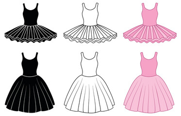 Ballerina Tutu Costume Clipart Set - Outline, Silhouette and Color