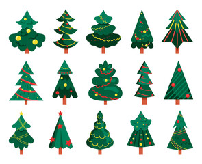 Obraz premium Collection of flat style Christmas trees isolated on a white background.