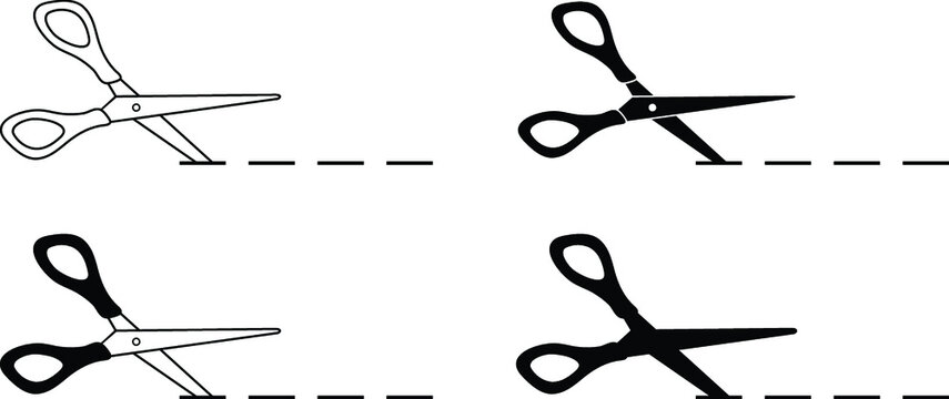 Scissors Cutting Dotted Line Clipart Set - Outline and Silhouette