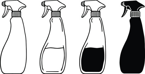 Spray Bottle Cleaner Clipart Set - Outline and Silhouette