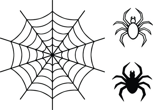 Spider and Cob Web Clipart Set - Outline and Silhouette