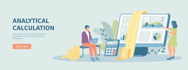 Calculation, finance accounting. Budget analyzing, calculation of expenses and income. Promotional web banner. Cartoon flat vector illustration with people characters. - obrazy, fototapety, plakaty