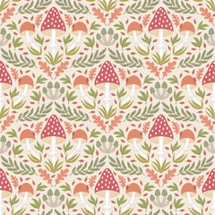 Hand-drawn seamless pattern with wild mushrooms and autumn leaves. Colorful seasonal illustration for paper and gift wrap. Fabric print design. Creative stylish background.
