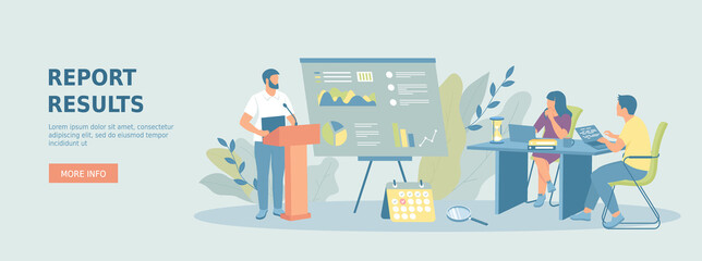 Report results. Man makes presentation of business report with statistical information on board. Promotional web banner. Cartoon flat vector illustration with people characters.