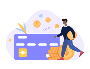 Concept of chargeback. Man receives money for paying for card. Bank returns interest. Bonus program, loyalty system, offer for regular customers, credit card. Cartoon flat vector illustration