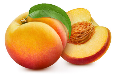 Peach with leaf isolated on white background